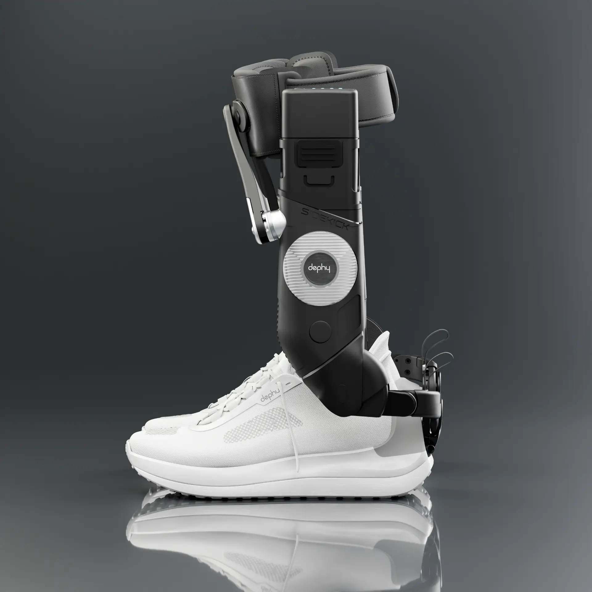 Side-on view of a Sidekick robot attached to a Dephy shoe