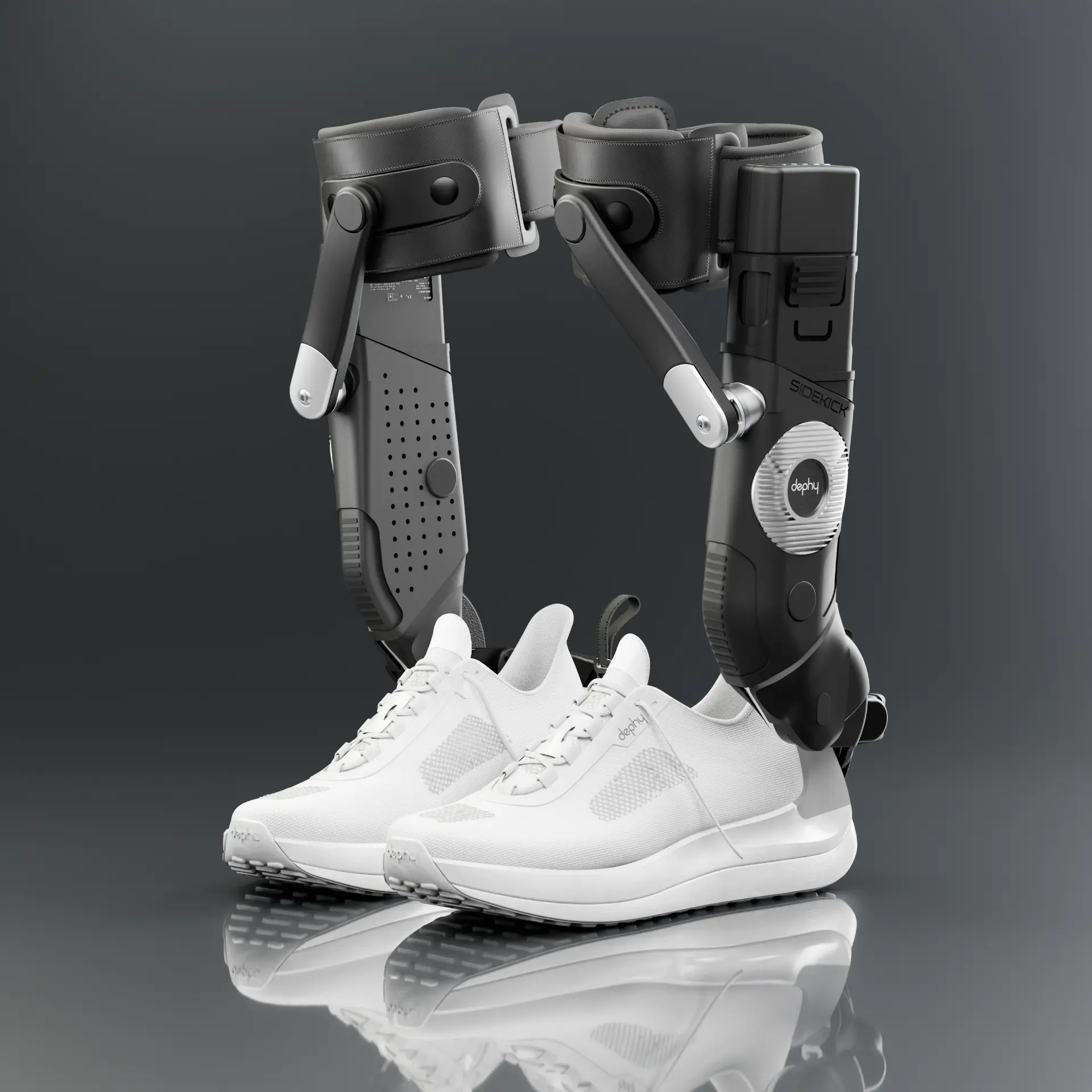Sidekick 2.0 robots with white Dephy shoes, shown in full